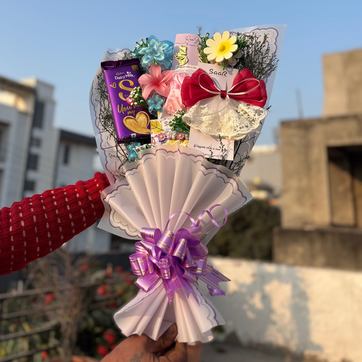 Saar Beauty Forever Bouquet Gift Hamper with Dairy Milk Love Chocolate, hair accessories and anti-tarnish earrings – perfect gift for women and girls