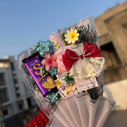 Saar Beauty Forever Bouquet Gift Hamper with Dairy Milk Love Chocolate, hair accessories and anti-tarnish earrings – perfect gift for women and girls