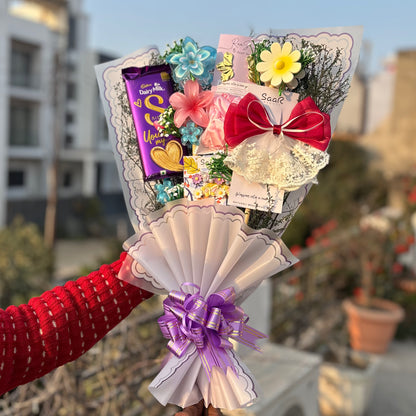 Saar Beauty Forever Bouquet Gift Hamper with Dairy Milk Love Chocolate, hair accessories and anti-tarnish earrings – perfect gift for women and girls