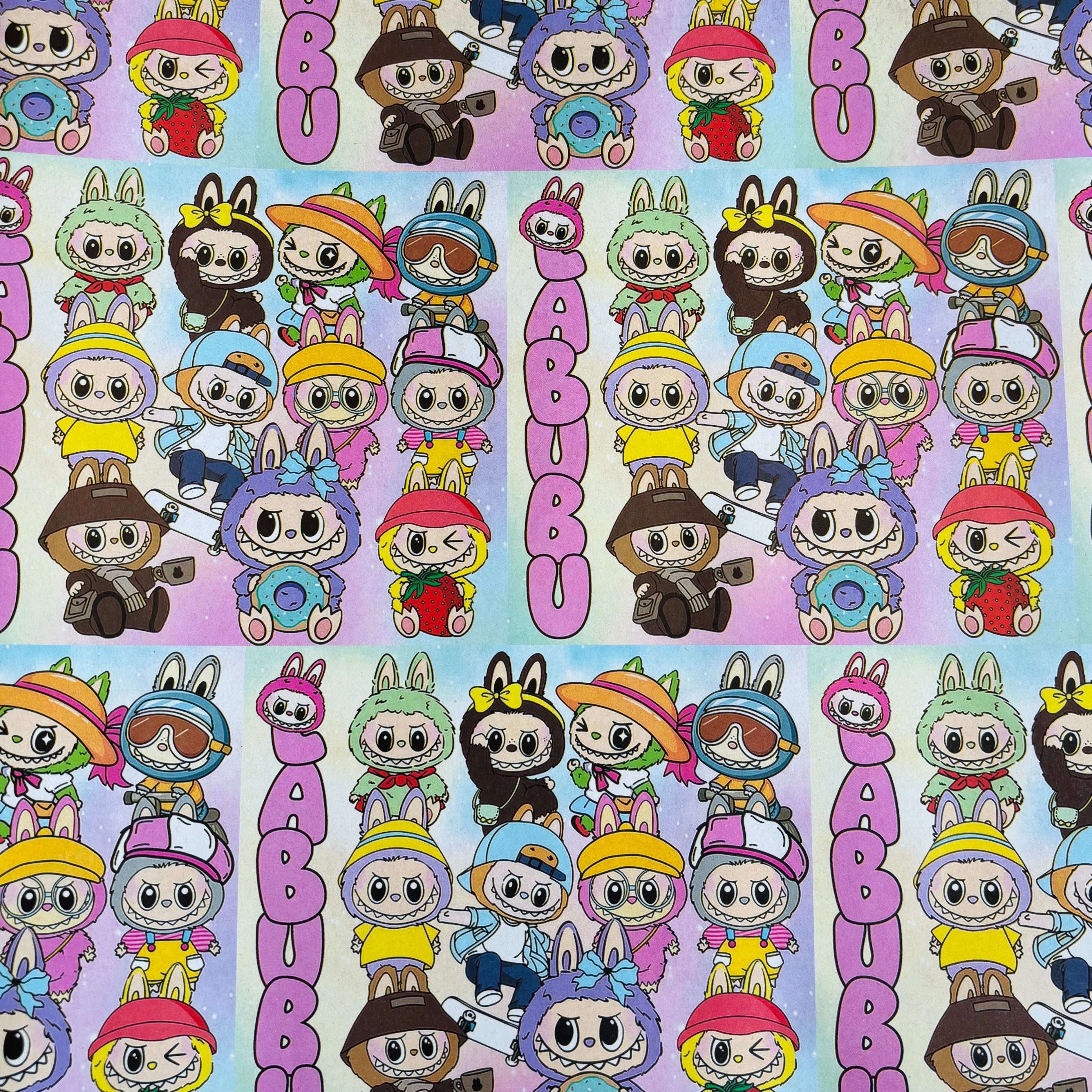 Pattern of cartoon characters with colorful hats and outfits on a light purple background. Colorful kawaii cartoon character gift wrap with playful lAbubu designs – perfect for kids and fun-loving adults