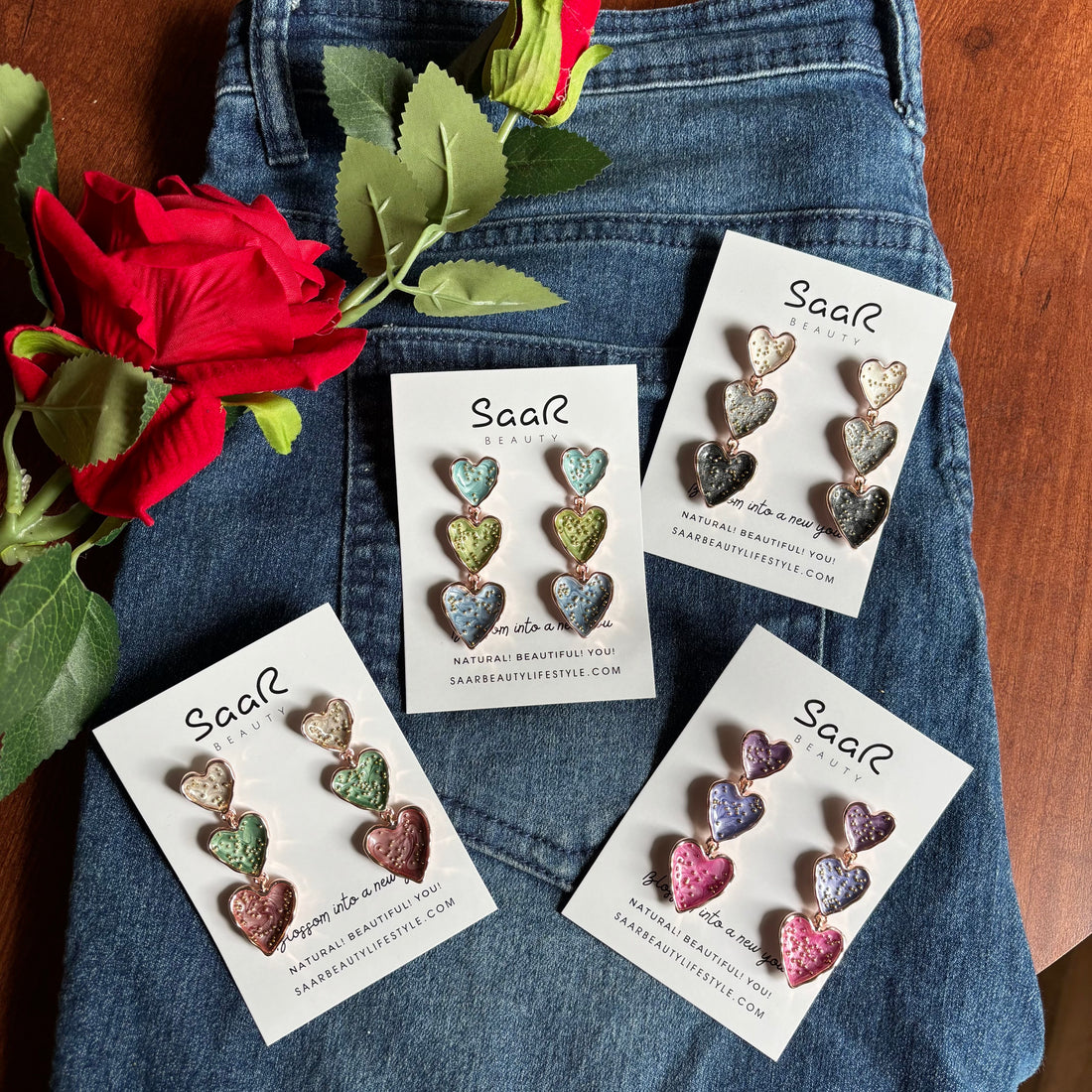 Saar Beauty Triple Heart Drop Earrings – Stylish Statement Design