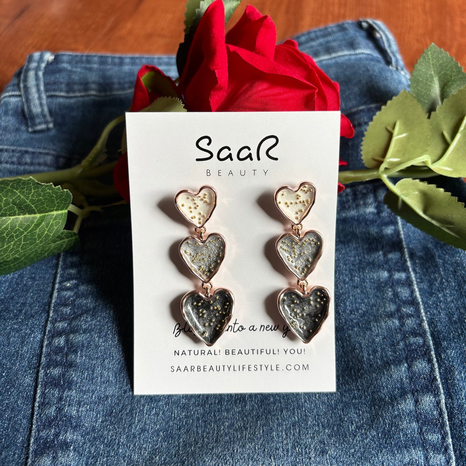 Saar Beauty Triple Heart Drop Earrings – Stylish Statement Design