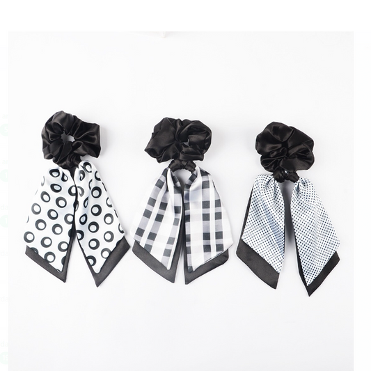 SATIN BLACK & WHITE SCRUNCHIES SCARF PONYTAIN HOLDERS