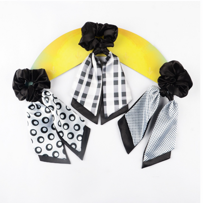 SATIN BLACK & WHITE SCRUNCHIES SCARF PONYTAIN HOLDERS