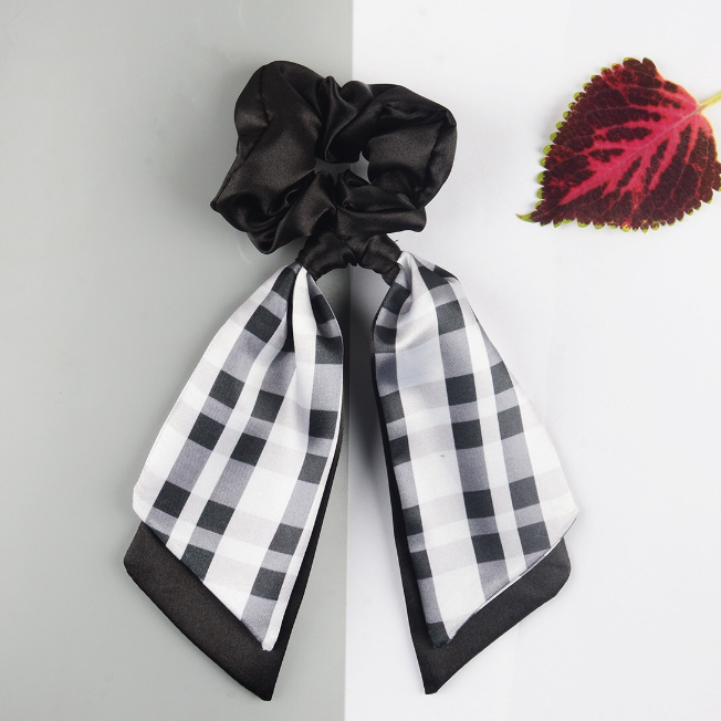 SATIN BLACK & WHITE SCRUNCHIES SCARF PONYTAIN HOLDERS