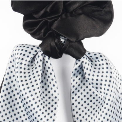 SATIN BLACK & WHITE SCRUNCHIES SCARF PONYTAIN HOLDERS