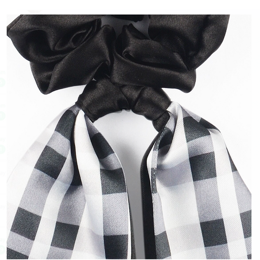 SATIN BLACK & WHITE SCRUNCHIES SCARF PONYTAIN HOLDERS