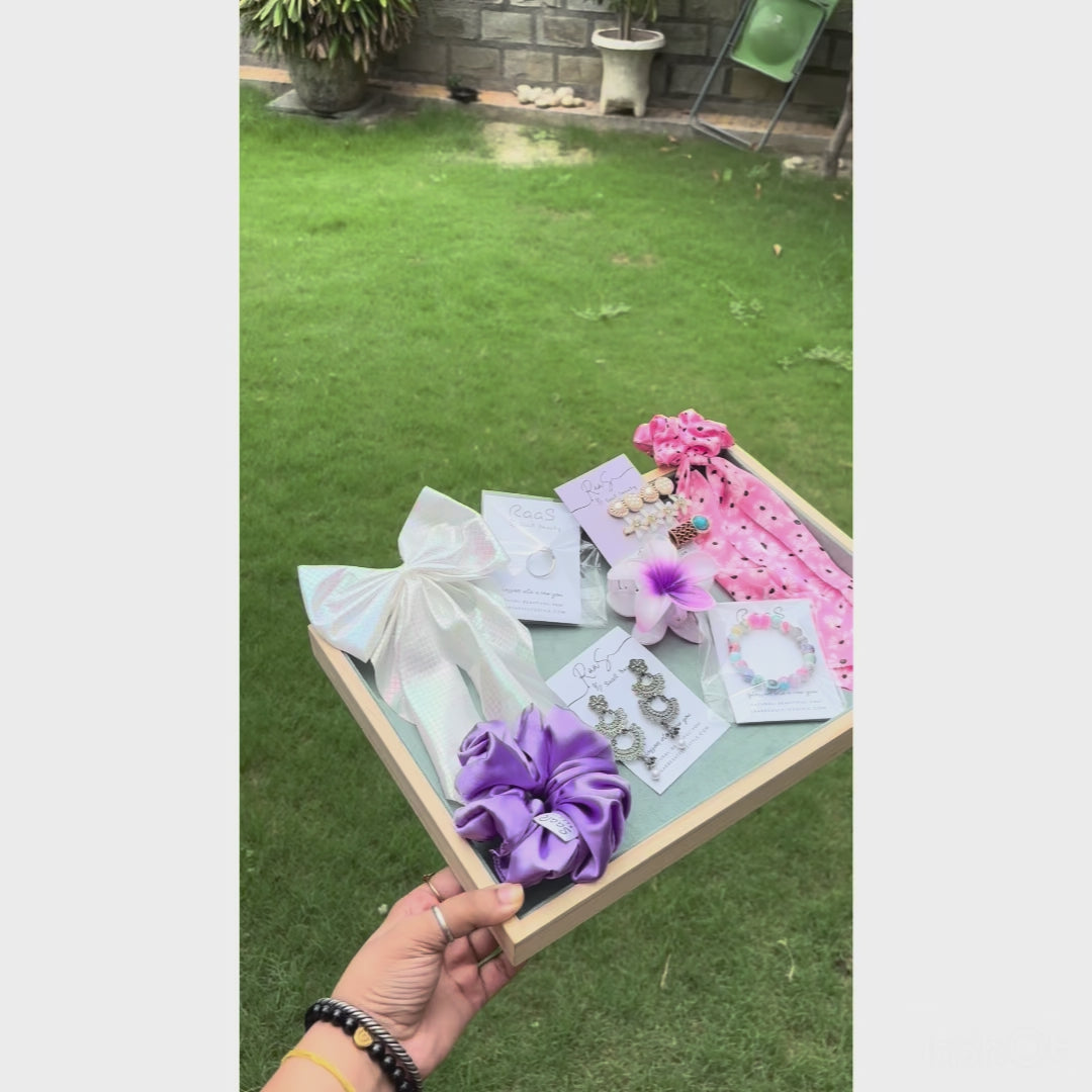 Stylish Gift Box – Hair Bow, Satin Scrunchie &amp; Korean Clip Set by Saar Beauty